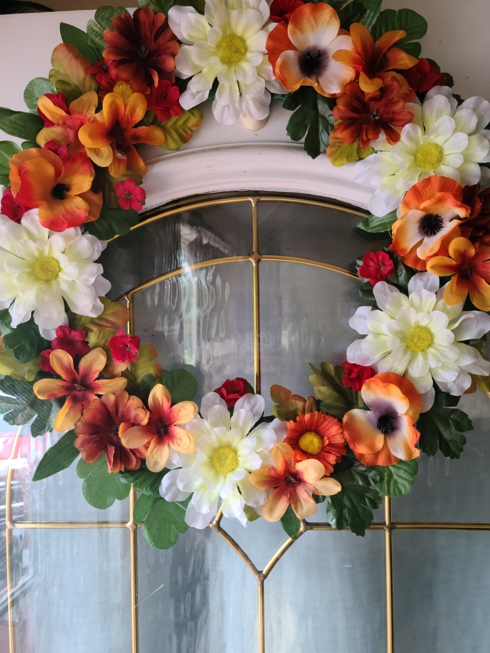 Seasonal Mixed Floral Wreath in Orange, White and Red - Unbranded